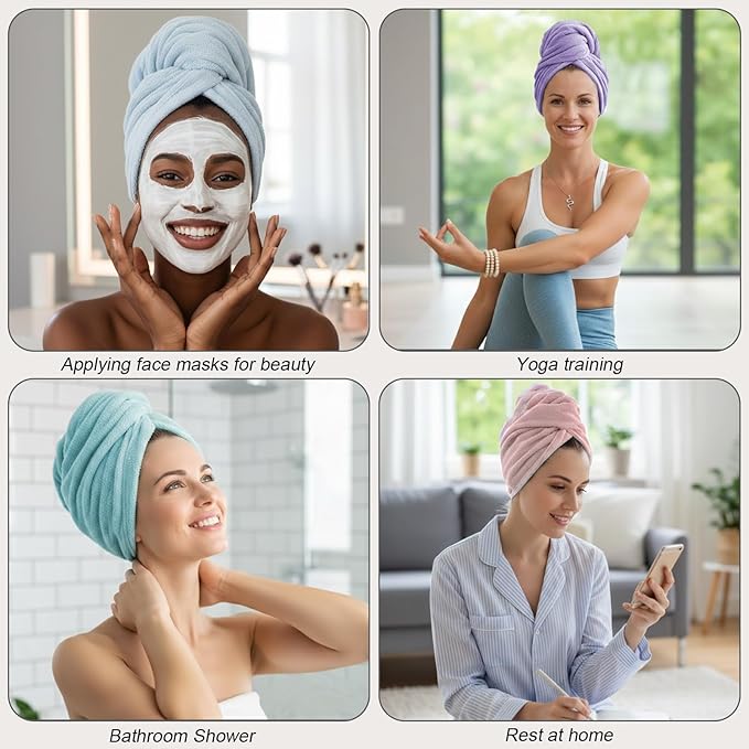 3 Pack Microfiber Hair Towel Wrap for Women, Fast Drying Hair Turban with Button, Anti-Frizz Large Hair Towel for All Hair Styles, Soft & Absorbent Hair Drying Towel