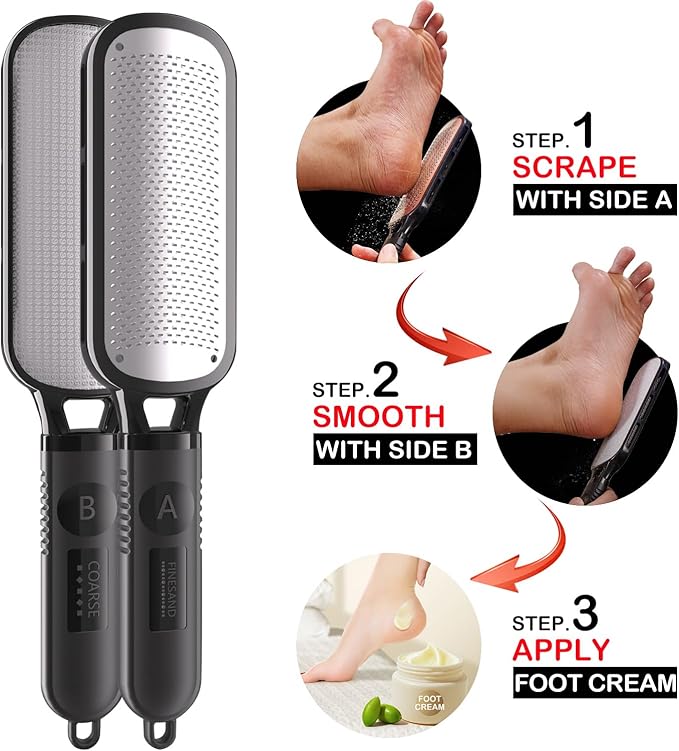 Antonki Foot File for Dead Skin, Double Sided Callus Remover for Feet, Metal Foot Scrubber for Cracked Heel, Professional Foot Scraper Rasp Pedicure Tool to Remove Hard Skin - 2 in 1 Foot File