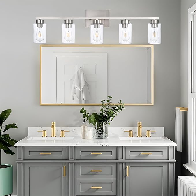 A1A9 5 Light Bathroom Vanity Light Fixtures, Brush Nickel Modern Wall Lights with Clear Glass Shade, Vintage Wall Sconce Lighting for Living Room, Mirror, Bedroom, Hallway (Nickel, 5-Lights)