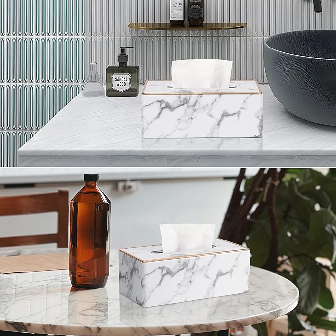 Tissue Box Cover Rectangular, PU Leather Tissue Box Holder for Kleenex, Napkin, Rectangle Tissue Box Covers, Tissue Holder for Bathroom Car Home Decorative 9.84"X5.23"X3.77" - Phnom Penh Marble