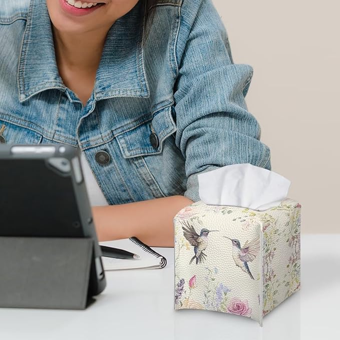 Bird Flowers Minimalist Tissue Box Holder, Square PU Leather Napkin Organizer with Secure Metal Button, Waterproof and Stain-Resistant Tissue Cover for Home, Kitchen, and Automotive Use