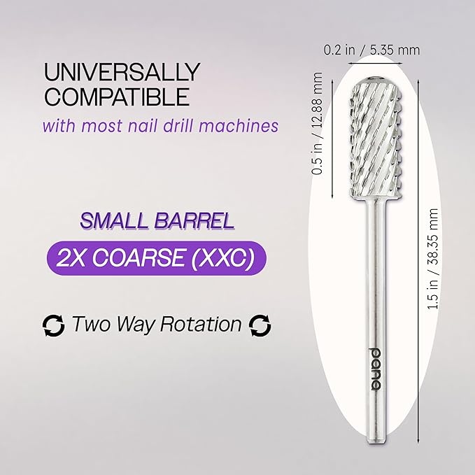 PANA 3/32" Small Smooth Round Top Safety Carbide Nail Drill Bit for Gel Polish & Acrylic Removal Nail Salon Manicure Pedicure Electric File Tools (Small Barrel - Silver, 2X Coarse)