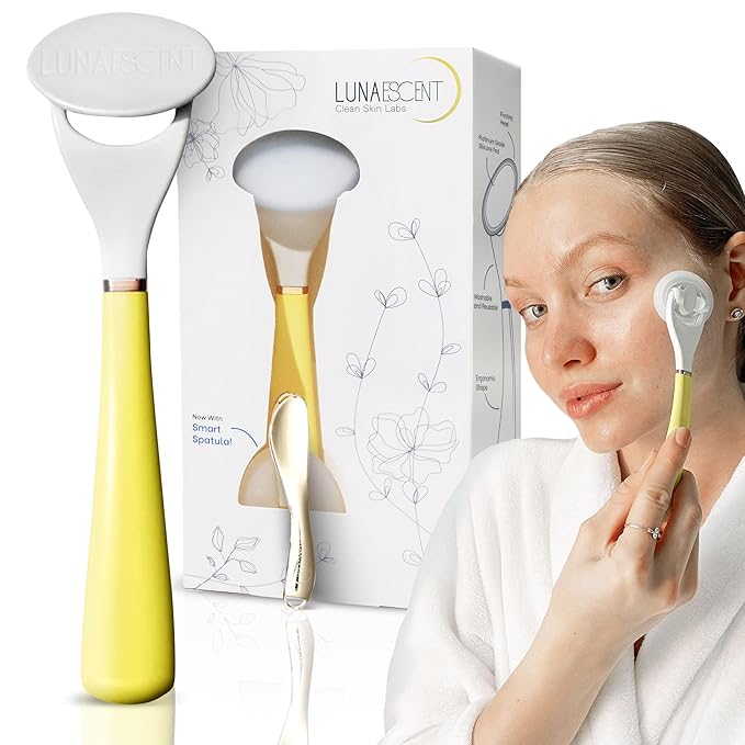 LUNAESCENT Serum Applicator for Face with Spatula, Sun Yellow Reusable Skincare Tool for Serums, Oils, Sunscreen, Makeup, Creams and Medicated Ointments, Cooling and Warming Face Massager Tool