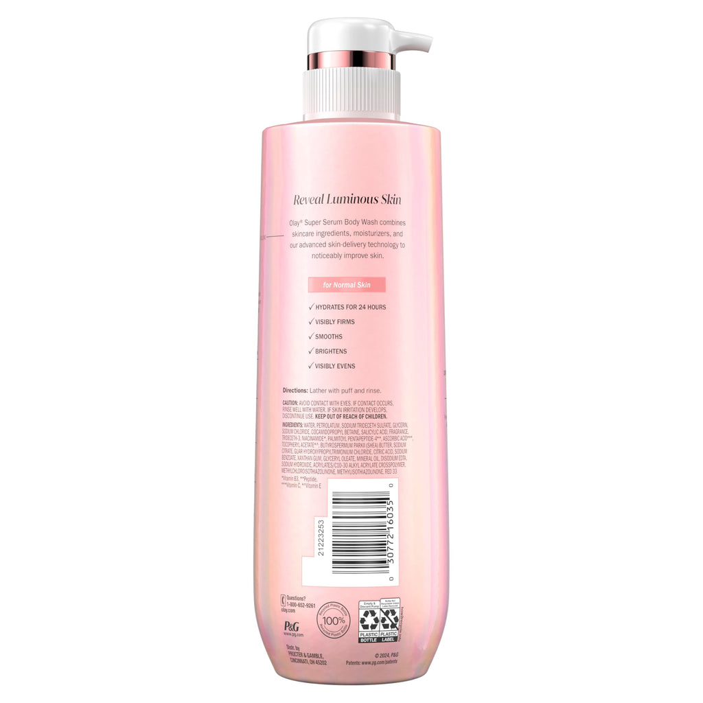 Olay Super Serum Body Wash for Normal Skin, 24hr Long Lasting Hydration, 5+ Ingredient Serum Complex for Bright Even Firm Luminous Skin, 18.5 fl oz