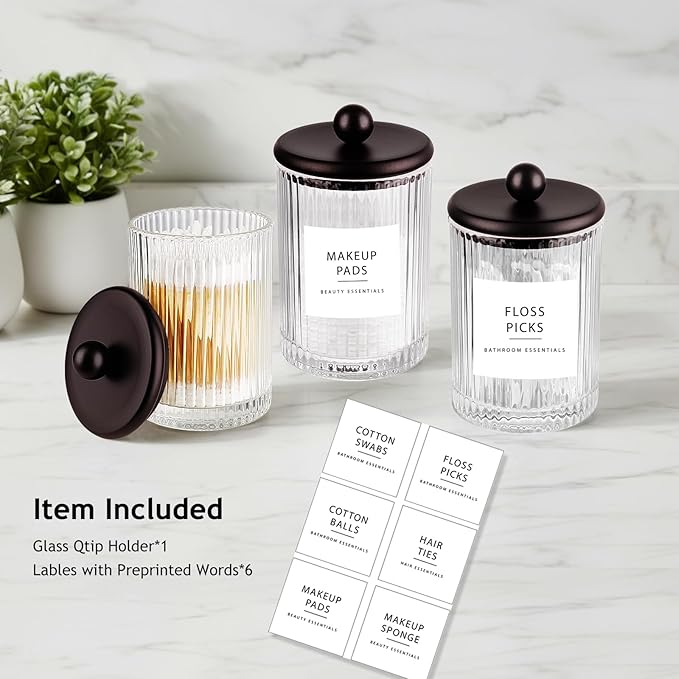 SheeChung 1Pack Glass Qtip Holder - Apothecary Jar Bathroom Organizer with Metal Lid - Small Vanity Canister for Cotton Swabs, Rounds, Floss Picks - Bathroom Glass Jar（Bronze Ribbed）