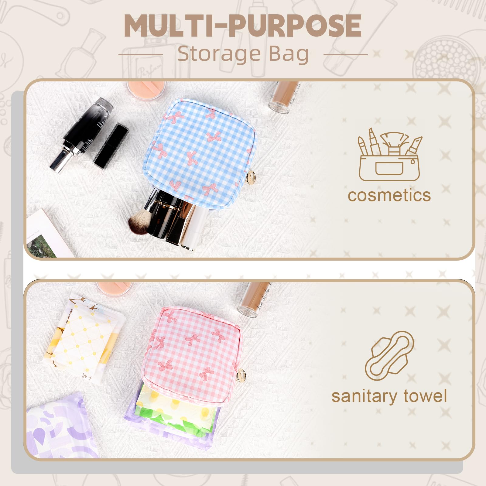 Playexen Period Bag for Teen Girls, Checkered Sanitary Napkin Storage Bag, Cute Bow Tie Menstrual Pad Purse Tampon Pouch (Plaid Purple)