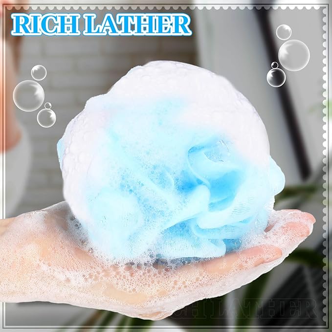 Funnymoom 12 Pcs Travel Size Loofah Individually Wrapped, Small Shower Puff Bath Sponge Pouf Ball Bulk Mesh Bath Puff Mini Loofah Sponge with Case Bulk for Shower Care (25g,Blue)