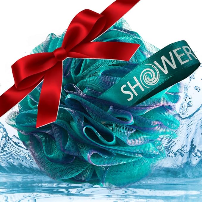 SHOWER BOUQUET 2-Sided Back-Loofah-with-Handle & 2 Bath Sponge Puff Set
