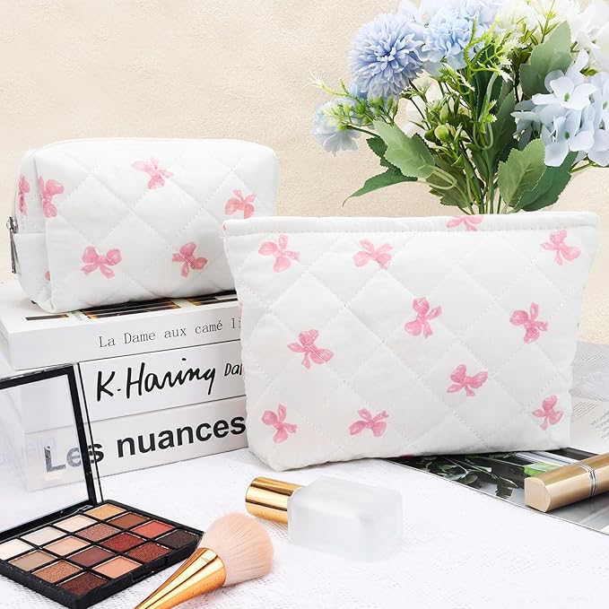 Lestp 2Pcs Small Makeup Bag Quilted Cosmetic Bag Flower Pencil Case Travel Makeup Bag Set for Women Cute Cosmetic Pouch Aesthetic Cotton Toiletry Organizer Storage Bags Puffy Zipper Pouch D