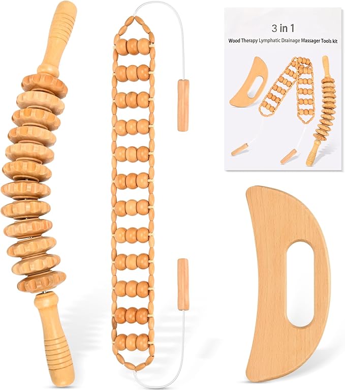 NXCYLW 3-in-1 Wood Therapy Massage Tools Lymphatic Drainage Massager Maderoterapia Kit Wooden Gua Sha Massager Body Sculpting Tools for Muscle Pain Relief, Anti-Cellulite, Body Contouring and Shaping