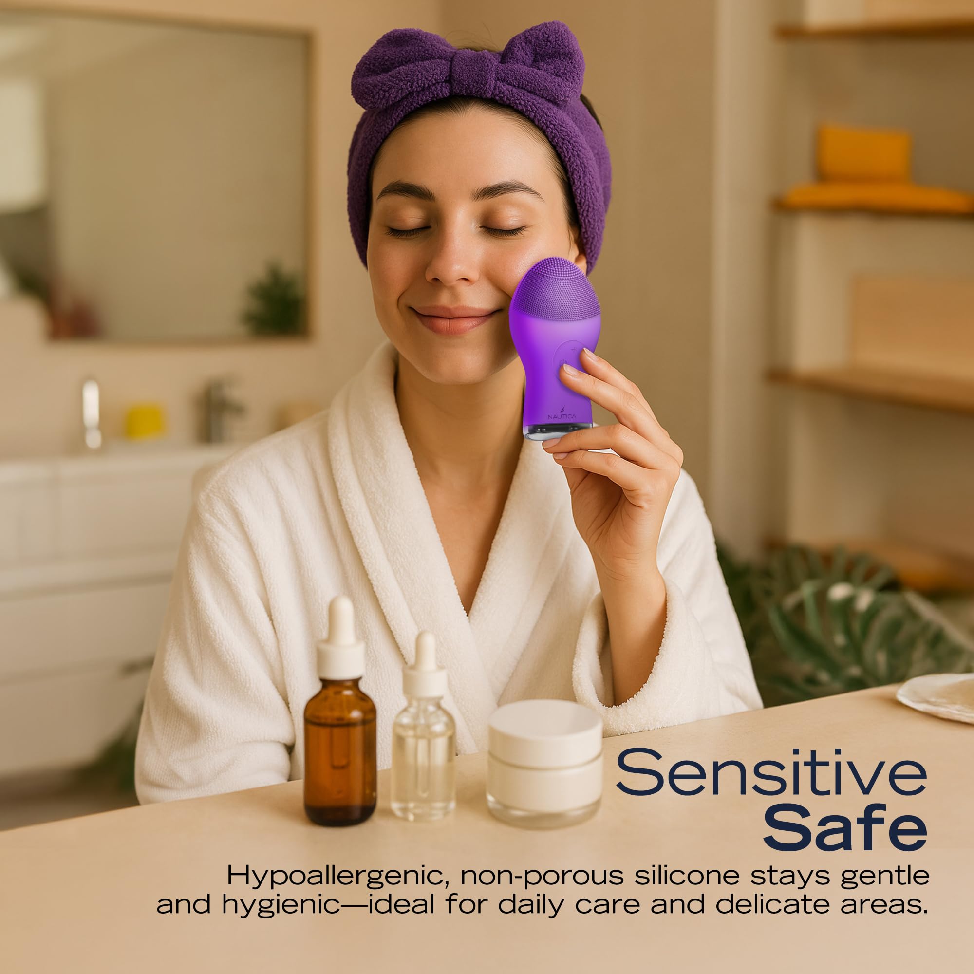 Nautica PC120 Facial Cleansing Brush Made with Ultra-Hygienic Soft Silicone, Waterproof, Rechargeable Vibrating Face Exfoliator Scrub Brush with Sonic Technology for Men & Women - Hy Purple