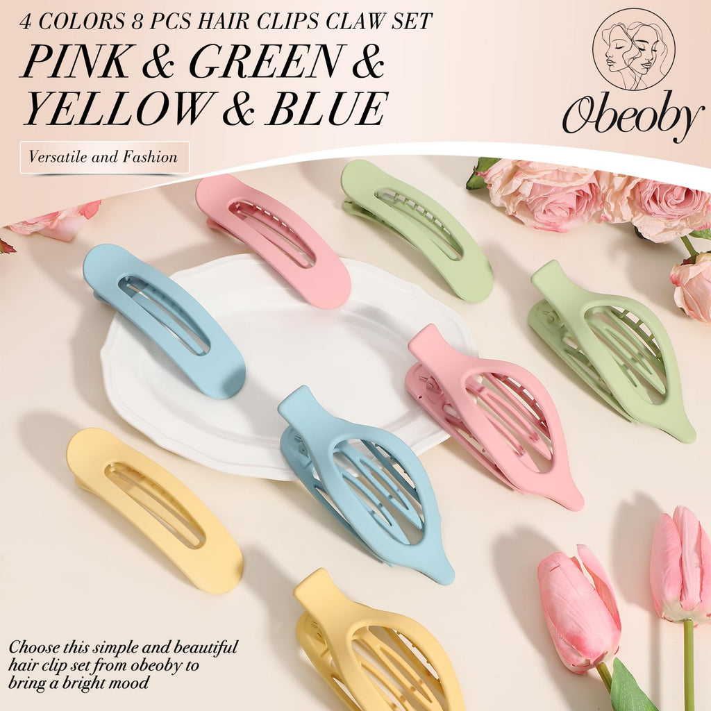 obeoby 8 PCS Flat Hair Clips, Light Colorful Flat Claw Clips 2 Styles Hair Claws for Girls Teens