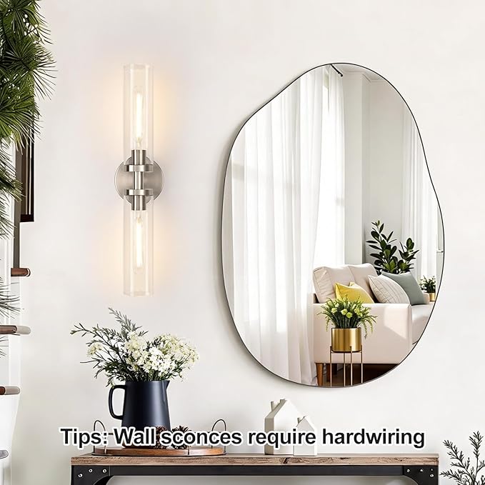 Brushed Nickel Wall Sconces, Hardwired Bathroom Sconces Vanity Light with Clear Glass, Modern Bathroom Vanity Lights fixtures for Mirror Bedroom Living Room Hallway Kitchen