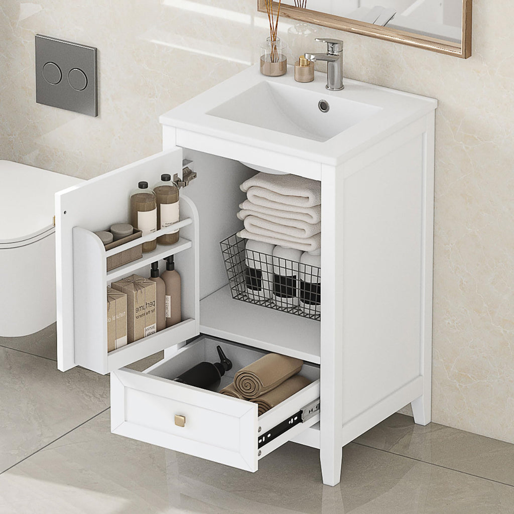 Bellemave 20-inch Solid Wood Bathroom Vanity with Sink, Free Standing Cabinet, Soft Closing Door, Storage Rack, Drawer (White)