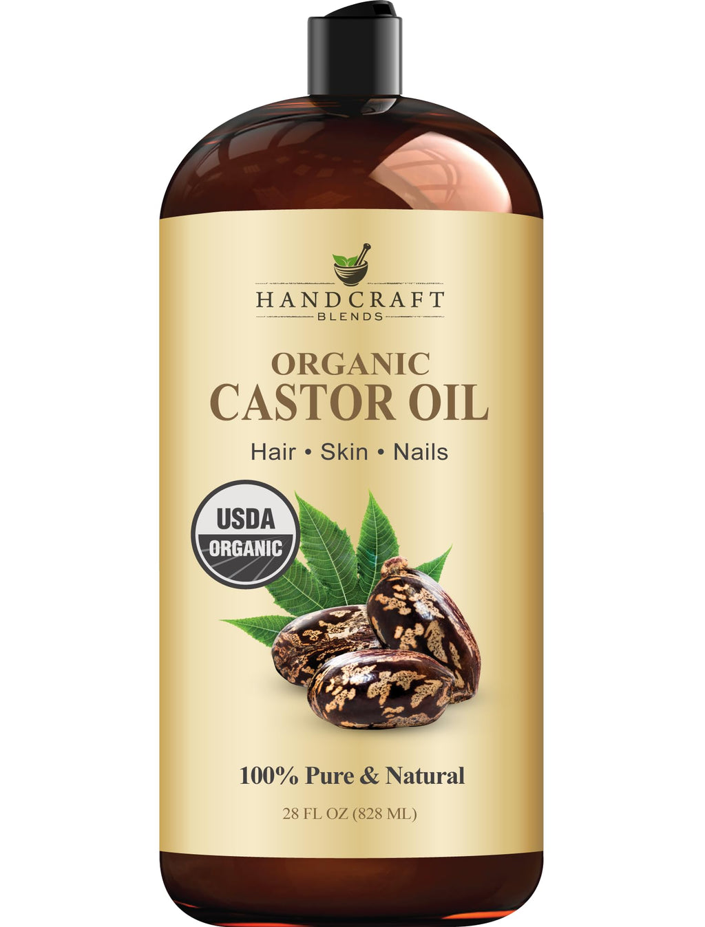 Handcraft Blends Organic Castor Oil 28 Fl Oz | 100% Pure and Natural | Premium Grade Carrier Oil | Hair, Eyelashes and Eyebrows | Hair and Body | Expeller-Pressed | Hexane-Free