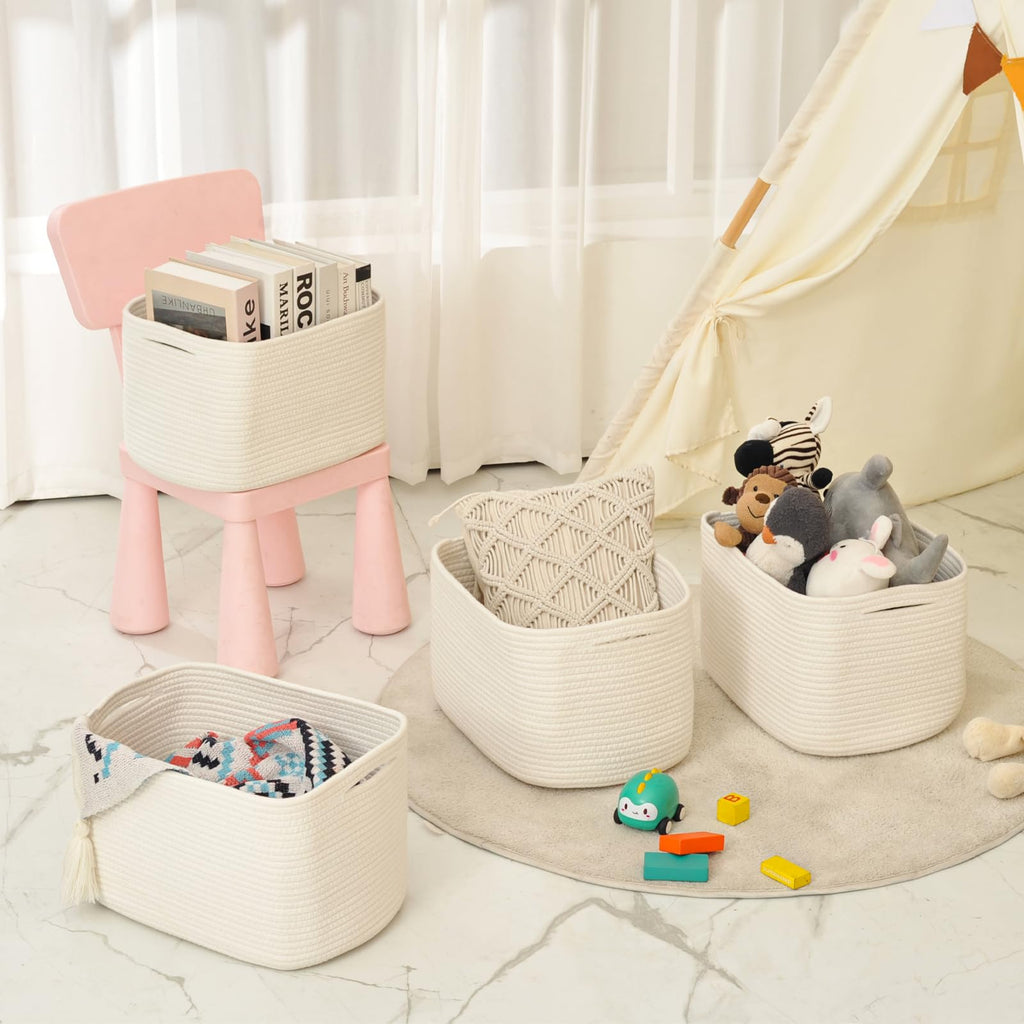 ICERZCZ Storage Baskets for Organizing & Shelves, Woven Cotton Rope Organization Bins for Dog Toys, Clothes, Books, Nursery Organizer, 15"Lx11''Wx9.5''H, (4 Packs) Off White