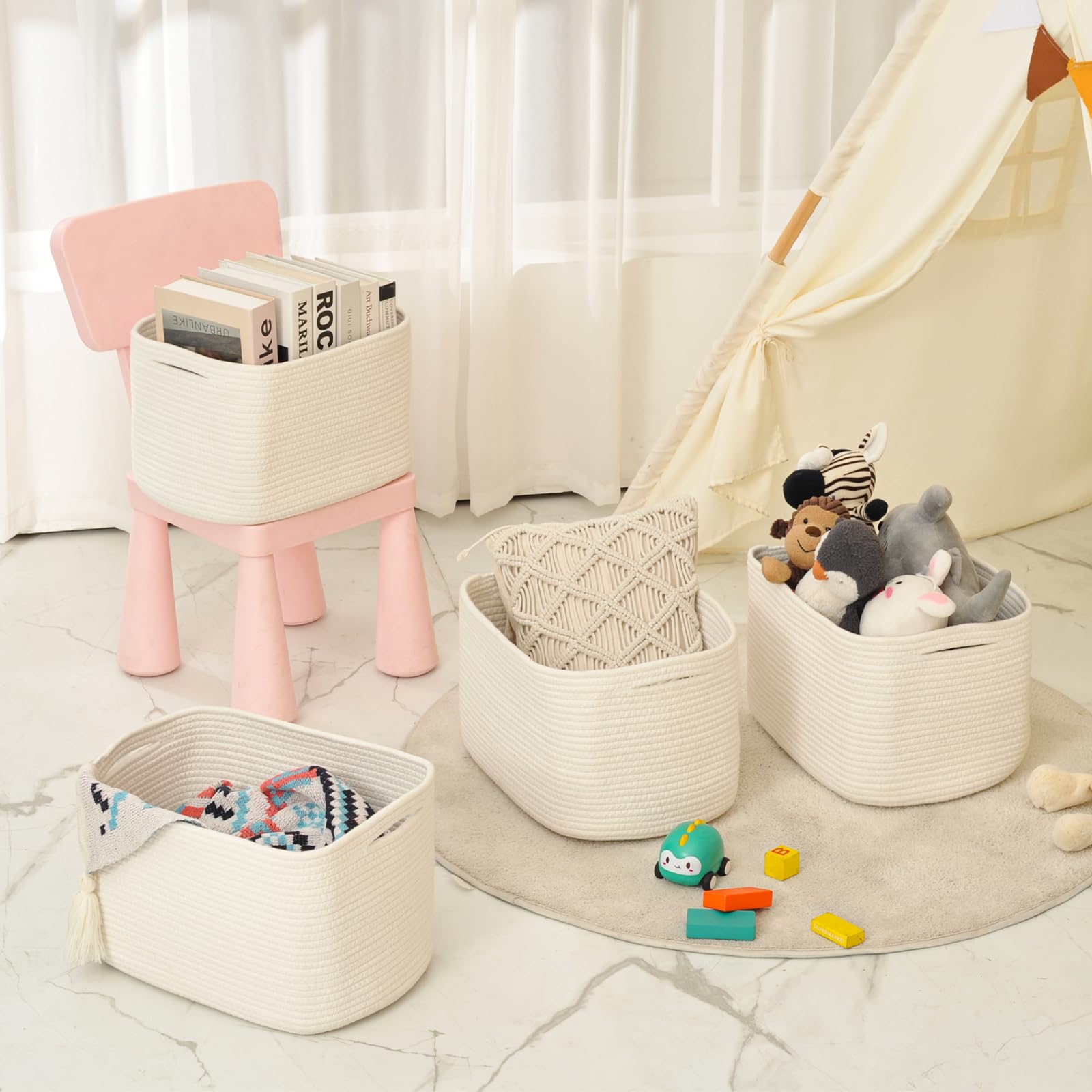 ICERZCZ Storage Baskets for Organizing & Shelves, Woven Cotton Rope Organization Bins for Dog Toys, Clothes, Books, Nursery Organizer, 15"Lx11''Wx9.5''H, (4 Packs) Off White