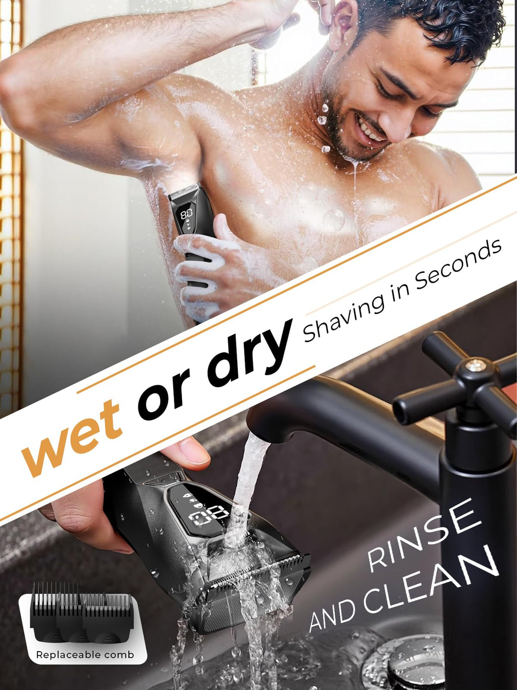 Lijecozy Body Hair Trimmer for Men: Pubic Hair Trimmer with Wireless Charging & 4000K LED Display, Waterproof Wet Dry Body Groomer for Face Legs, 90Min, Ceramic Blade