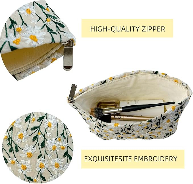 RIKMOXR 2 Pcs Makeup Bags, Large Cosmetic Bag Travel Toiletry Bag Organizer for Women, Embroidery Craft, Floral Makeup Bag Small Cosmetic Pouch Purse with Zipper Gifts for Girls Teen