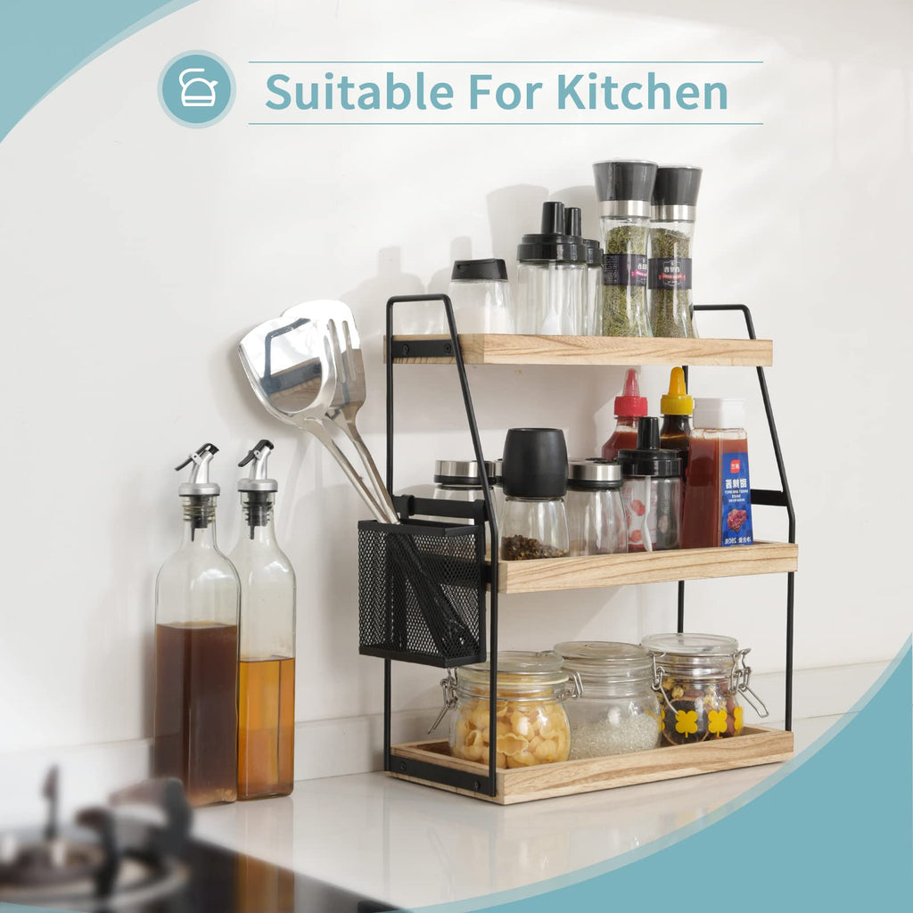 Nroech Bathroom Organizer Countertop, 3-Tier Standing Counter Shelf with Basket, Wood Tray for Kitchen Vanity Organizer