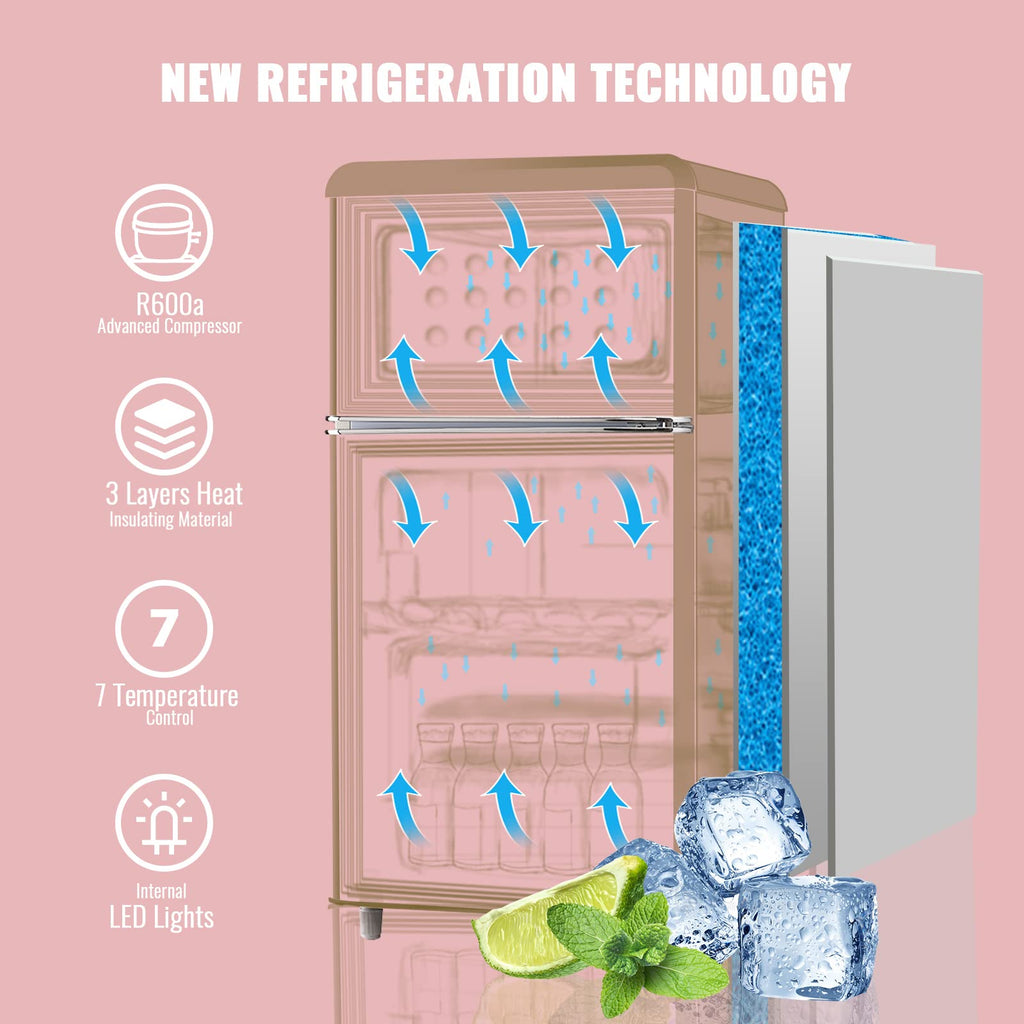 WANAI 3.5 Cu.ft Small Refrigerators Retro Mini Fridge with Freezer Yellow Full-sized Fridge Dual Door Dual Handle Classic Removable Glass Shelves Adjustable Thermostat for Home Office Dorm RV