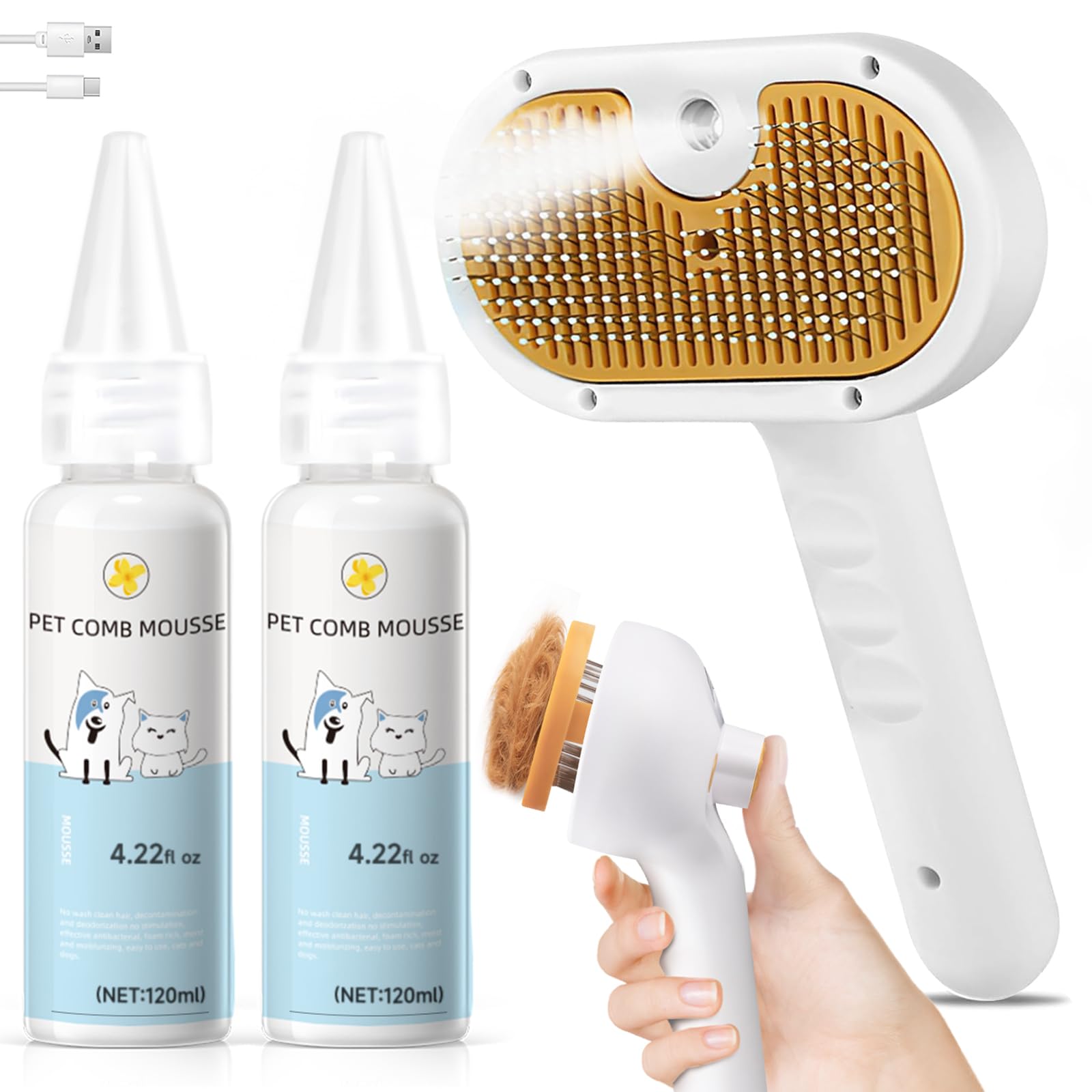 Pet Steam Brush for Dog & Cat Includes Waterless 2*Shampoo