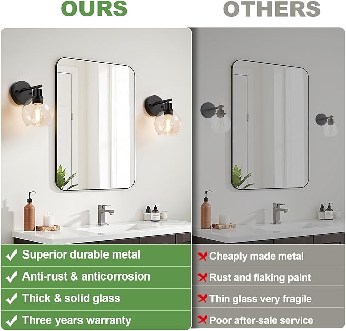 Set of 2 Black Modern Bathroom Wall Sconces, Clear Glass Vanity Lights with E26 Socket, Up & Down Reversible Bathroom Light Fixtures for Mirror, Bedroom, Hallway, Living Room