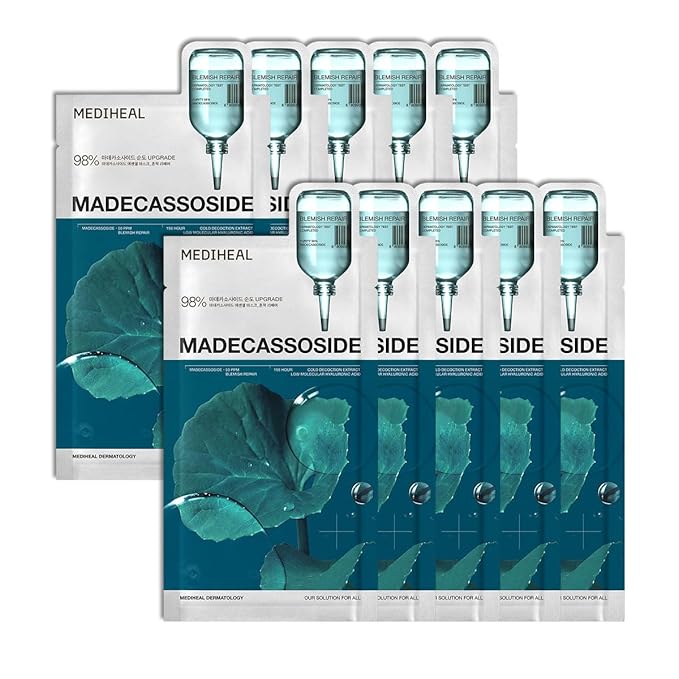Mediheal Essential Face Mask [Madecassoside] Blemish Repair 10 pcs. with 98% Purity Madecassoside & Hyaluronic Acid - Soothing Care, Hydrating- Travel Essentials, Vegan Formula Korean Sheet Mask