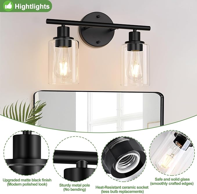 Zarbitta 2-Light Bathroom Light Fixtures, Black Modern Vanity Lights with Clear Glass Shade, Bathroom Wall Lamp for Mirror Kitchen Living Room Hallway Cabinet Porch