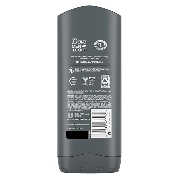 DOVE MEN + CARE Purifying Charcoal + Clay Body and Face Wash with 24-Hour Nourishing Micromoisture Technology Body Wash for Men, 13.5 oz