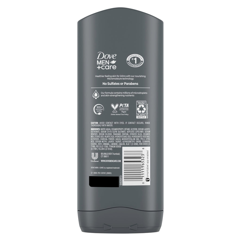 DOVE MEN + CARE Purifying Charcoal + Clay Body and Face Wash with 24-Hour Nourishing Micromoisture Technology Body Wash for Men, 13.5 oz