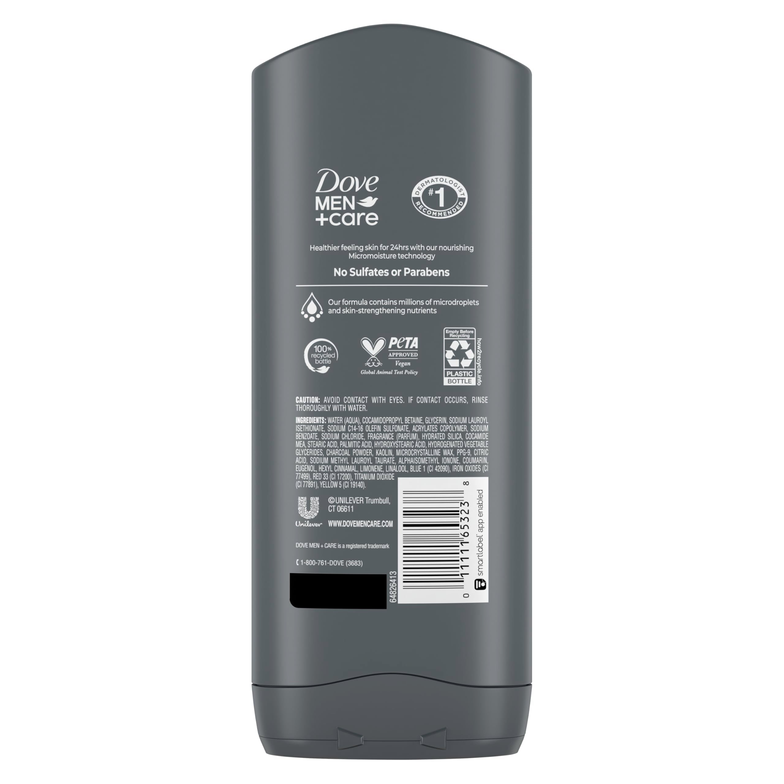 DOVE MEN + CARE Purifying Charcoal + Clay Body and Face Wash with 24-Hour Nourishing Micromoisture Technology Body Wash for Men, 13.5 oz