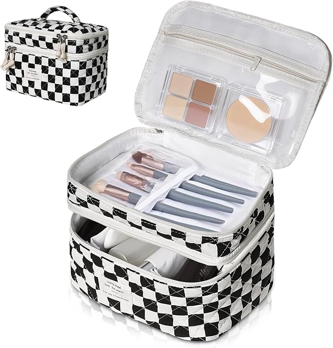Gosect Makeup Bag, Portable Travel Make up Bag, Large Capacity Quilted Cosmetic Organizer Bag, Cute Floral Toiletry Bag for Women Girls