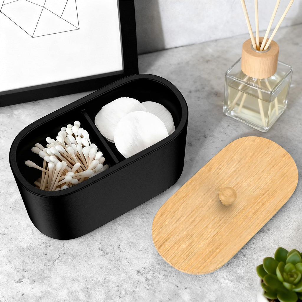 Cotton Swab Holder,Round Cotton Pads Balls Qtip Holder Dispenser with Lid, 2 Compartments Qtips Holder, Tampoms Period Box Bathroom Organizers Storage Bin Floss Dispenser Vanity Cosmetics, Black