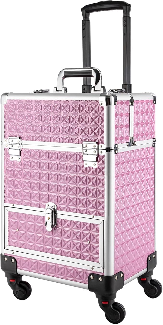GUEYYSAN Rolling Makeup Case, Nail Storage Box with Wheels Portable Makeup Trolley for Beauty Studio Hairdressers Nail Technician (Pink)