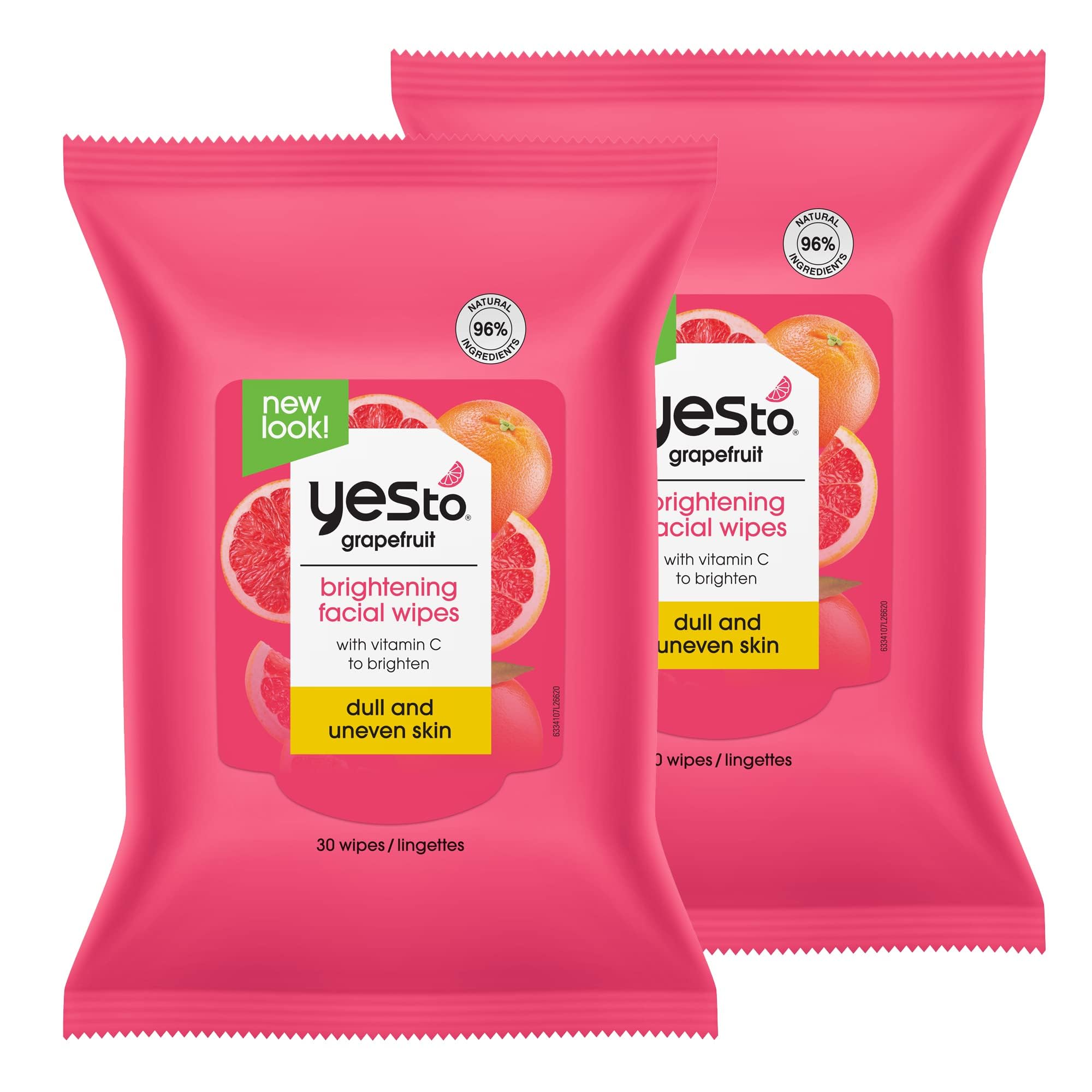 Yes To Face Wipes for Women and Men, Brightening Facial Cleansing Wipes for use as a Make Up Remover, Cleaning, Soothing, Grapefruit (Pack of 2)