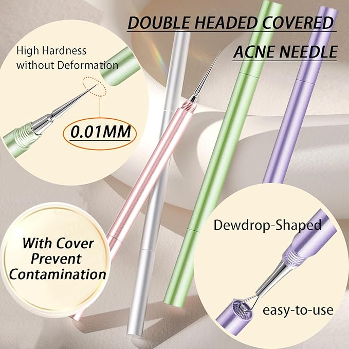 2-in-1 Professional Stainless Steel Acne Removal Needle, Whitehead & Blackhead Remover Tool, Pimples Comedone Extractor Removal Tool, Double Ended Needle with Cap Removal for Nose Face Tools(Purple)