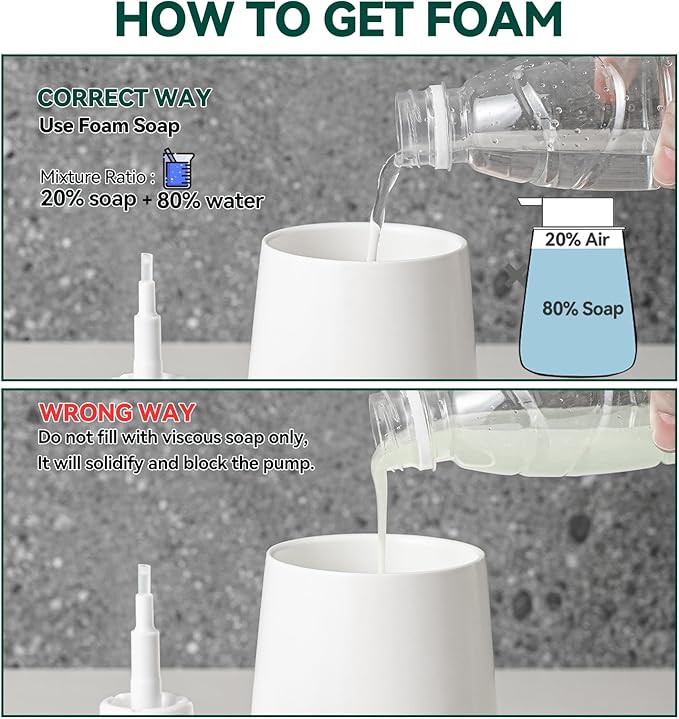 Foaming Soap Dispenser - 12 Oz White Ceramic Foam Hand Soap Dispenser for Bathroom, Face Wash Dispenser Bottle with Matte Golden Foam Pump, Refillable Dish Dispenser for Kitchen