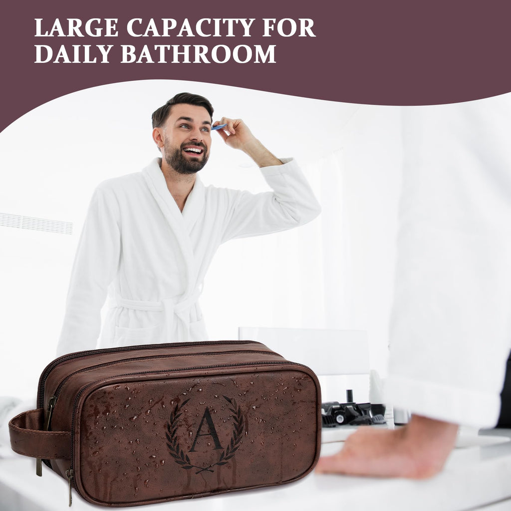 Travel Toiletry Bag For Mens PU Leather Engraved Initials (Dark Brown Q)