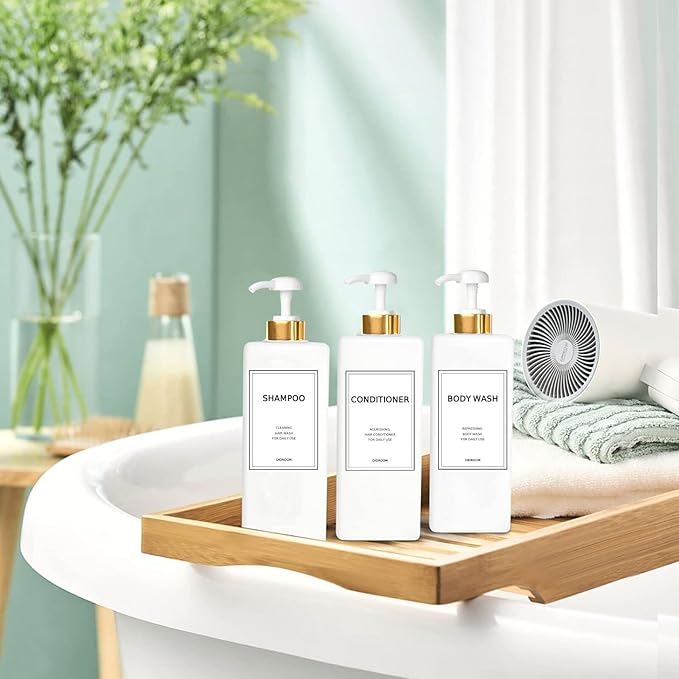 Modern Silver Shampoo and Conditioner Dispenser (21 oz, Pack of 3) Refillable Pump Bottle Set Empty Shower Plastic Bottles with Pump for Bathroom Body Wash Soap and Shower (Gold)