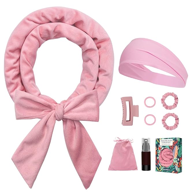 Gwabee Soft Overnight Curl Headband, 70" Hair Curlers Ribbon Wrap for Long Hair with 9 PCS Rods and Yoga Strap - Pink