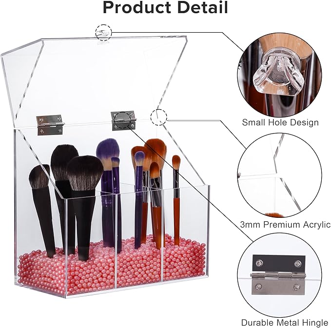 LOHRYVIO Acrylic Makeup Brush Holder with Lid - Clear Cosmetic Makeup Brush Organizer and Storage Box with Cover for Vanity - Large Capacity 3-Slots Container for Brushes (Clear)