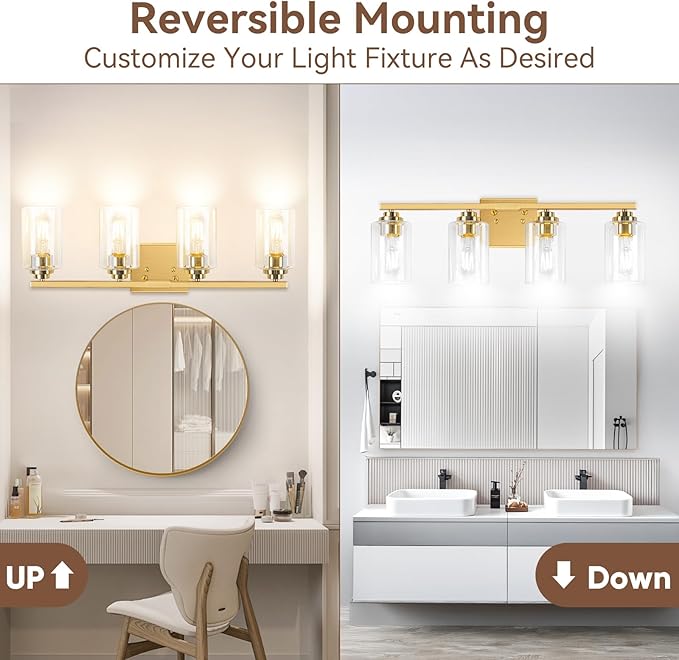 4-Light Bathroom Light Fixtures, 27" Modern Vanity Lights Over Mirror with Clear Glass Shades, Brushed Gold Vanity Lights, Classic Wall Lamp for Mirror Living Room Cabinet Bedroom Porch Kitchen