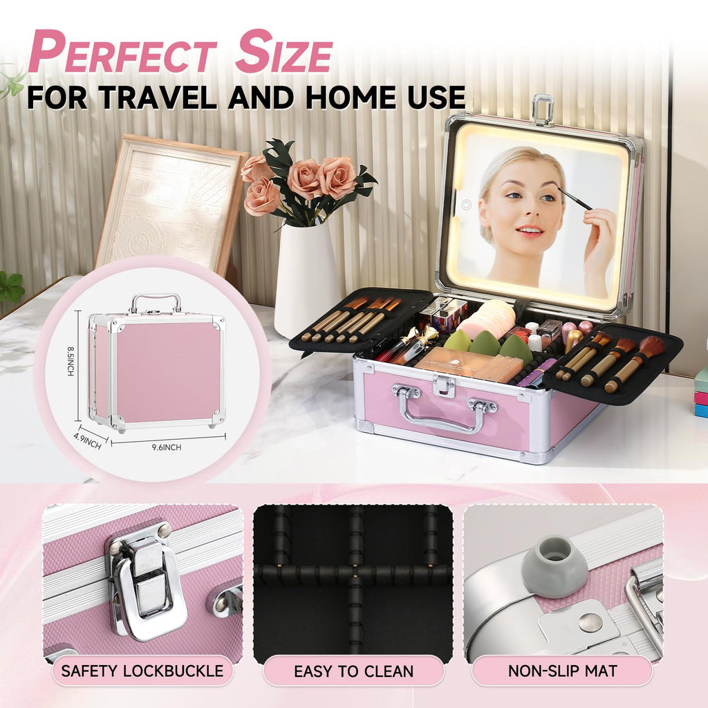 Leeora&Leekoo Makeup Box with Lighted Mirror,Portable Makeup Train Case Organizer (Pink1)