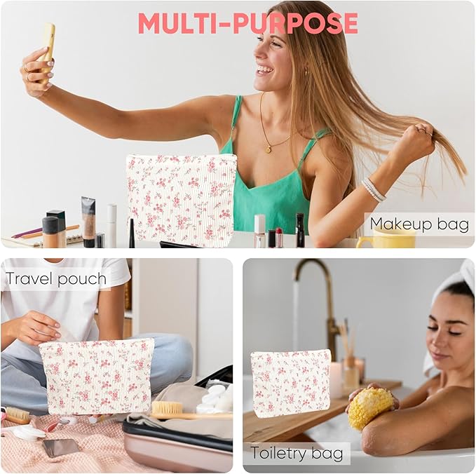 Ksriylm Cute Makeup Pouch for Women Flower Small Make Up Bag for Purse Zipper Initial Cosmetic Bags Pouches for Purse Aesthetic Travel Toiletrybags Gift,Red Floral