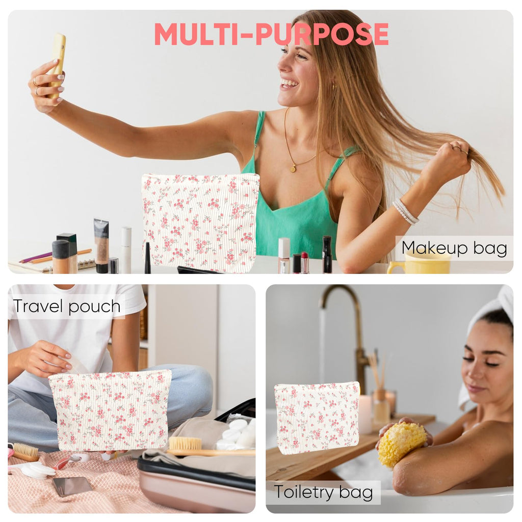 Ksriylm Cute Makeup Pouch for Women Flower Small Make Up Bag for Purse Zipper Initial Cosmetic Bags Pouches for Purse Aesthetic Travel Toiletrybags Gift,Red Floral
