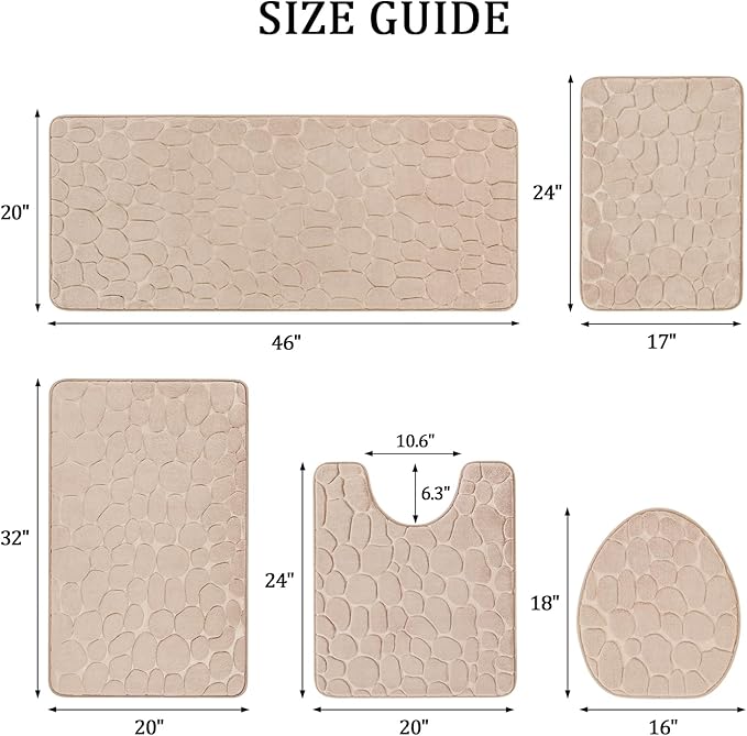 YIHOUSE Bathroom Rugs Mat Set, Memory Foam Bath Mat 5 Piece Khaki