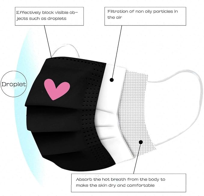 YOMEESOUL 50pcs Cute Disposable Face Masks, Pink And Black Masks with Hearts Printed, 3-Ply Full Protection for Women Teen Girls (Pink Hearts)