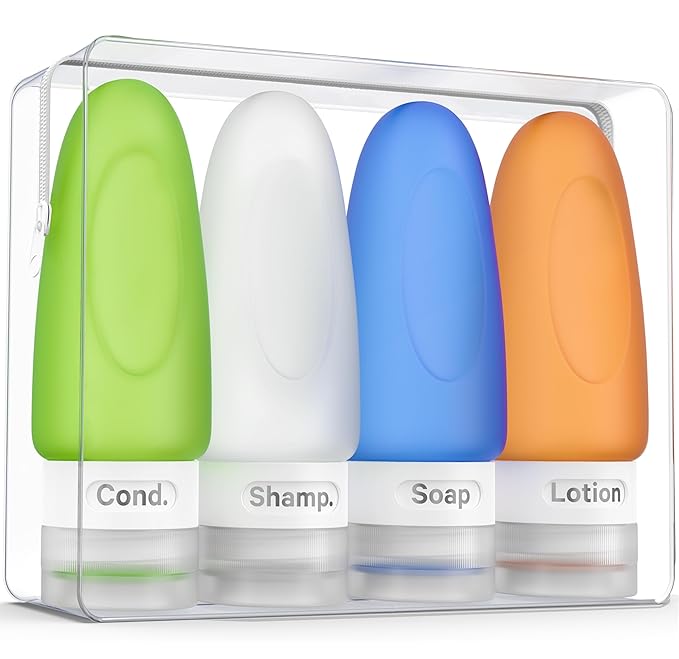 Dot&Dot Leak Proof Travel Bottles - Tubes for Liquid TSA Approved 2oz Silicone Toiletries Travel Shampoo & Conditioner Containers with Labels