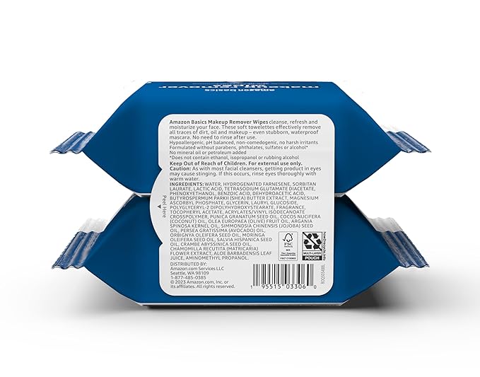 Amazon Basics Makeup Remover Wipes, Gentle Cleansing, Dermatologist Tested, pH-Balanced, Plant Based, Alcohol-Free, Removes Waterproof Mascara, 25 Count, 2-Pack